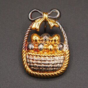 Vintage Two Tone Easter Eggs & Basket Brooch or Pendant with Bow Silver plated